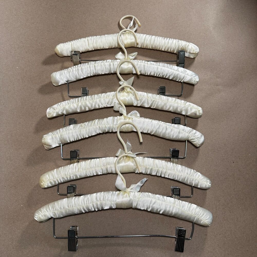 Vintage Ivory Satin Padded Hangers with Skirt Clips (Set of 6)